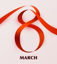 International Women's Day Banner. Flyer for March 8 with red ribbon decor. Number 8