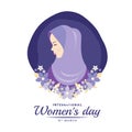 International women`s day banner with muslim woman lady and purple flora vector design Royalty Free Stock Photo