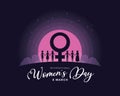 International women`s day banner with silhouette group of women shaking hands between female symbols in The night of the moon