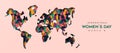 International women`s day world map cutout diverse people card