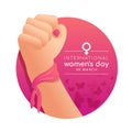 International women`s day banner with woman Fist hands on pink circle butterfly texture background vector design Royalty Free Stock Photo