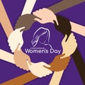 International women`s day banner with woman hand hold hand around circle frame and woman sign on purple background vector design
