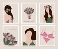 International Women`s Day cards of pretty girls, bouquet of flowers, in underwear minimalistic style Royalty Free Stock Photo