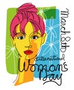 International Women`s Day colorful retro design with beautiful fashionable woman in continuous line style. Royalty Free Stock Photo