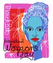 International Women`s Day colorful retro design with beautiful fashionable woman in continuous line style. Royalty Free Stock Photo