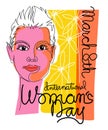 International Women`s Day colorful retro design with beautiful fashionable woman in continuous line style. Royalty Free Stock Photo