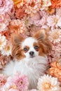 International women s day concept with cute puppy holding delicate flowers, greeting card design