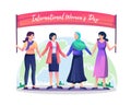 International Women`s Day concept with happy diverse women standing together holding hands Flat style vector illustration