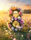 International Women\'s Day conceptual background with number 8 wreath made of colorful flowers on a blooming spring meadow in Royalty Free Stock Photo