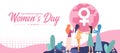 International women`s day - a diverse group of women helping to lift circle globe with a female symblo vector design