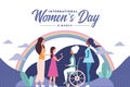 International women`s day the diverse group of women includes children old and young live with rainbow vector design