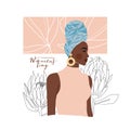 International Women`s Day greeting card. Abstract afro-american woman portrait with one line protea flowers and leaves.