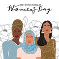 International Women`s Day greeting card. Abstract woman portrait different nationalities on floral linear background.