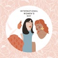 International Women`s Day greeting card. Abstract woman portrait different nationalities on floral linear background.