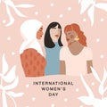 International Women`s Day greeting card. Abstract woman portrait different nationalities on geometric background.