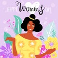 International Women`s Day greeting card. Composition with happy afro-american girl, lettering and flowers. Royalty Free Stock Photo