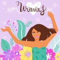 International Women`s Day greeting card. Composition with happy girl, lettering and flowers. Royalty Free Stock Photo