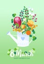 International Women`s Day greeting card. 8 March concept of watering can with cute flowers bouquet. Vector illustration