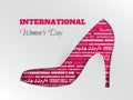 International women`s day greeting card with pink cuted shoe with word cloud in different languages