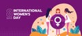 International women`s day - a group of women helping to lift circle globe with a female symbol on purple background vector design