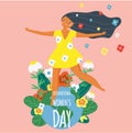 International Women`s Day. Happy female and Earth globe. Design template for card, poster, banner. Vector illustration for 8 marc Royalty Free Stock Photo