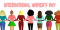 International Women`s Day. Many women are holding hands on a white background