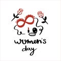 International women`s day.8 march card. Hand drawn greeting lettering template.event gift creative letter.Mask,lip stick and roses