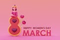 International Women\'s Day. 8 march. Cute woman with Number 8, female sign, hearts and flowers. 3d rendering