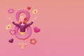 International Women\'s Day. 8 march. Cute woman with Number 8, female sign, hearts and flowers. 3d rendering