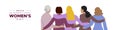 International Women`s Day. March 8. Group of five women embracing of different ages. Concept of human rights, equality. Vector
