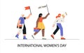 International women`s day, March 8. A group of women of different nationalities March with a loudspeaker, posters and Royalty Free Stock Photo