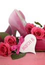 International Women`s Day, March 8, with pink high heels and roses. Royalty Free Stock Photo