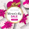 International Women`s day 8 march sale template web banner with click button, big discount. Decorative gift box with Royalty Free Stock Photo