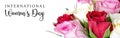 International Women`s Day March 8 Text Script Banner Background with tri-colored roses