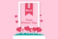 International Women`s Day poster, background and wallpaper. Lettering Happy Women`s day with bookmark and white frame