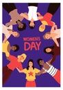 International women s day poster. Modern girls team hugging, feminism banner or card. Social movement for equal rights Royalty Free Stock Photo