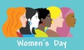 International women`s day poster. Profile faces of different races.