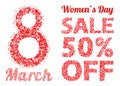 International Women s Day sale banner with letters and numbers of scattered hearts confetti. March 8 vector illustration isolated Royalty Free Stock Photo