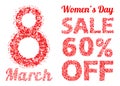 International Women s Day sale banner with letters and numbers of scattered hearts confetti. March 8 vector illustration isolated Royalty Free Stock Photo