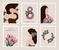 International Women`s Day set of female cards of pretty girls, bouquet of flowers, floral number 8 and wreath Royalty Free Stock Photo