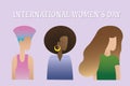 International women`s day text and group of different women. Various nationalities and diversity of females, flat characters.