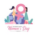 International women`s day two women raising a female symbol on globle background vector design