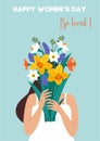 International Women`s Day. Vector illustration with girl and bouquet of flowers. Beautiful template. Can be used for banner, poste