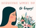 International Women s Day. Vector template with metis woman and flowers