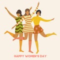International Women`s Day. Vector Vintage Template With Cute Dancing Girls In Retro Style. Can Be Used For Banner, Poster, Card, P