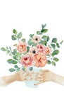 International Women`s Day. Watercolor templates for card, poster, flyer and other users. Eucalyptus and flower