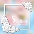 International Women`s Day, white frame with 3d abstract flowers on blurred background, illustration Royalty Free Stock Photo