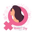 International women`s day - Woman facing side and long hair in pink female symbol on flower texture background vector design