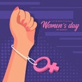 International women`s day - woman Fist hands and Wristband female symbol on abstract purple texture background vector design