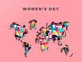 International women`s day world map cutout diverse woman card design